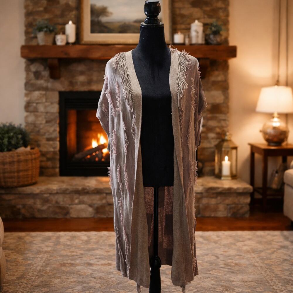 Pure Jill Elements Sweater Womens Medium Open Front Duster Length Fringe
